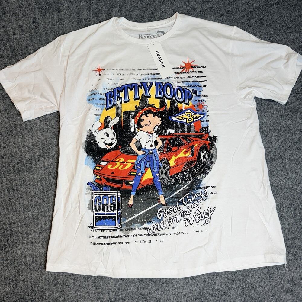 Reason Betty Boop Graphic T-Shirt XL White Retro Racing Car Streetwear NWT